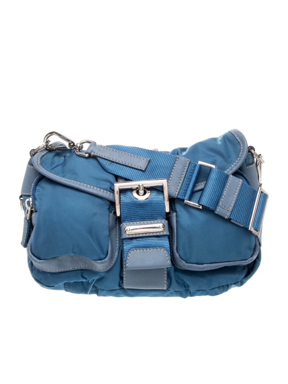 Prada Teal-Blue Nylon Shoulder Bag with Buckle Strap